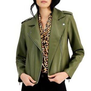 INC International Concepts Olive Green Faux Leather Moto Jacket